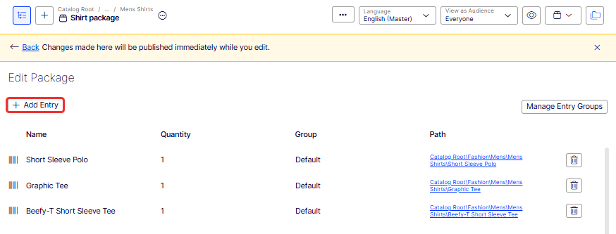Screenshot of the Edit Package page in Commerce Connect.