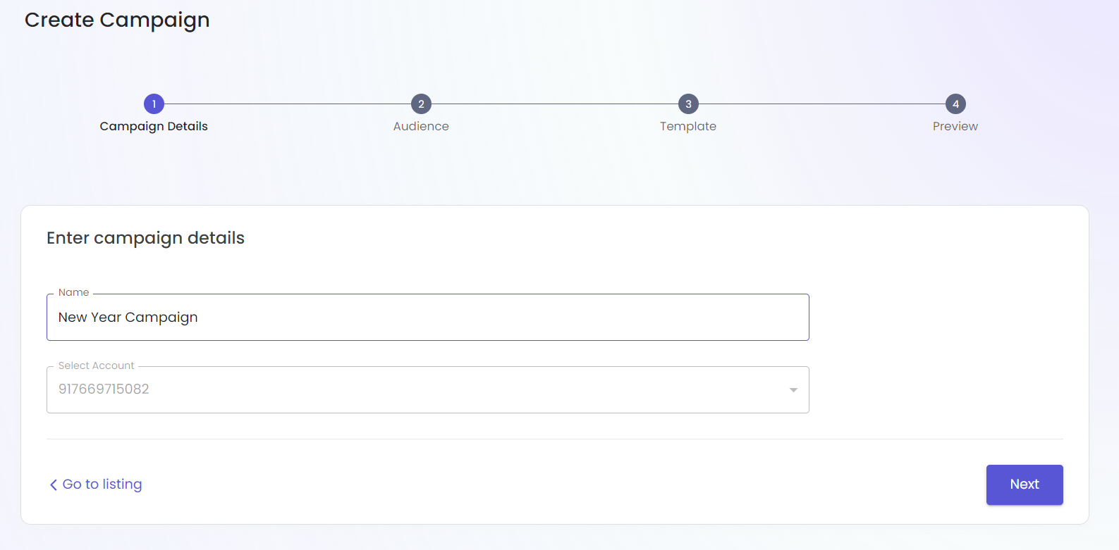 Campaign title and WABA number selection