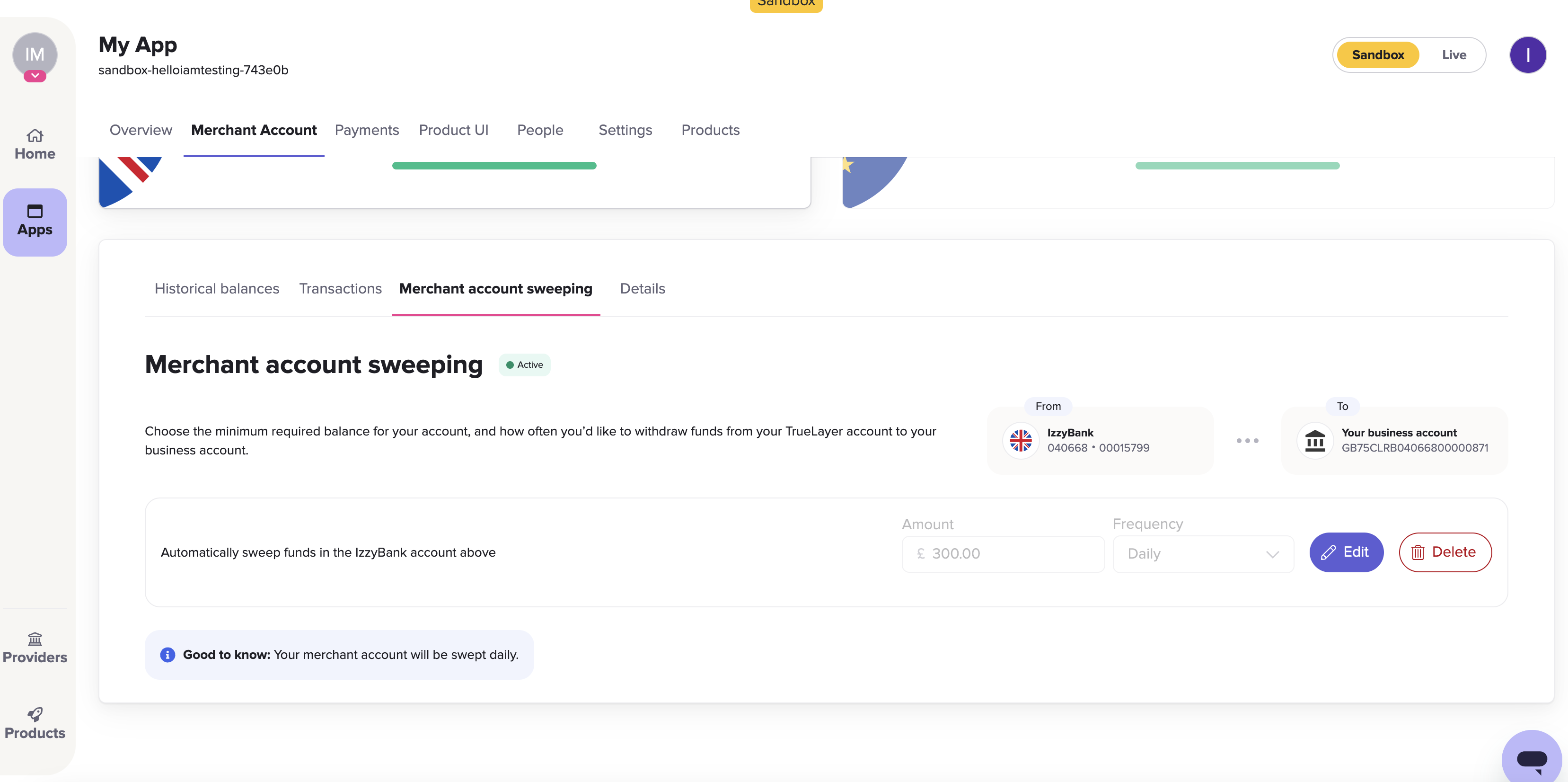 The merchant account sweeping user interface within a sandbox app in Console.
