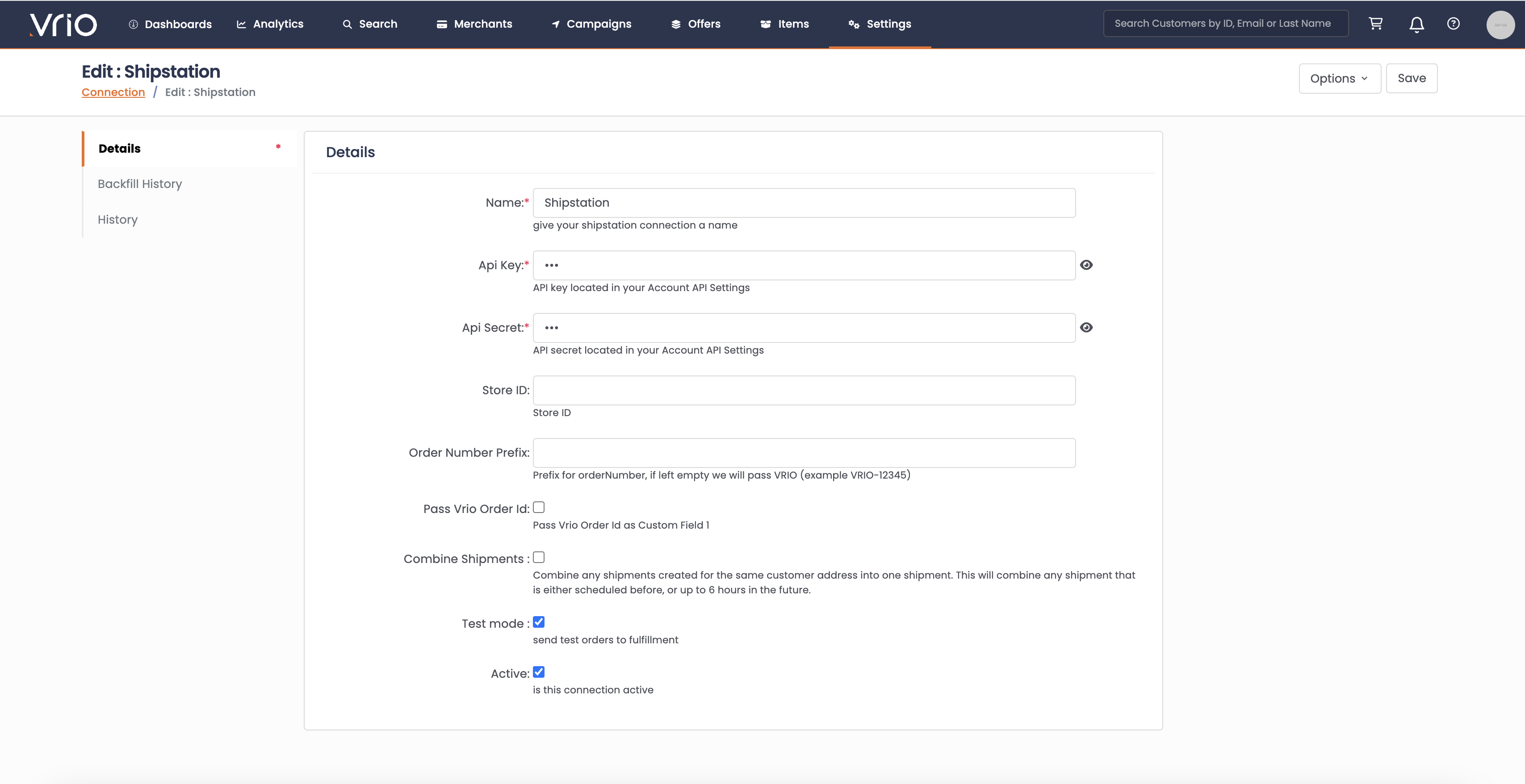 Fulfillment Connection Test Mode setting
