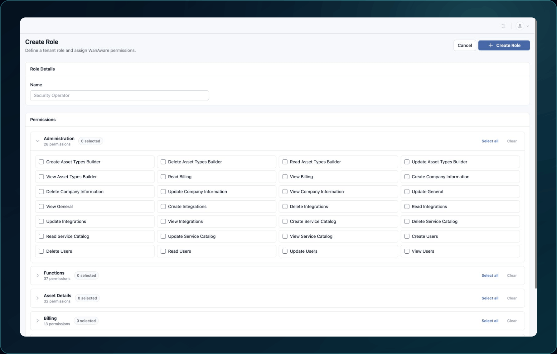 Create Role page showing the Name field and grouped action-resource Permission selections.
