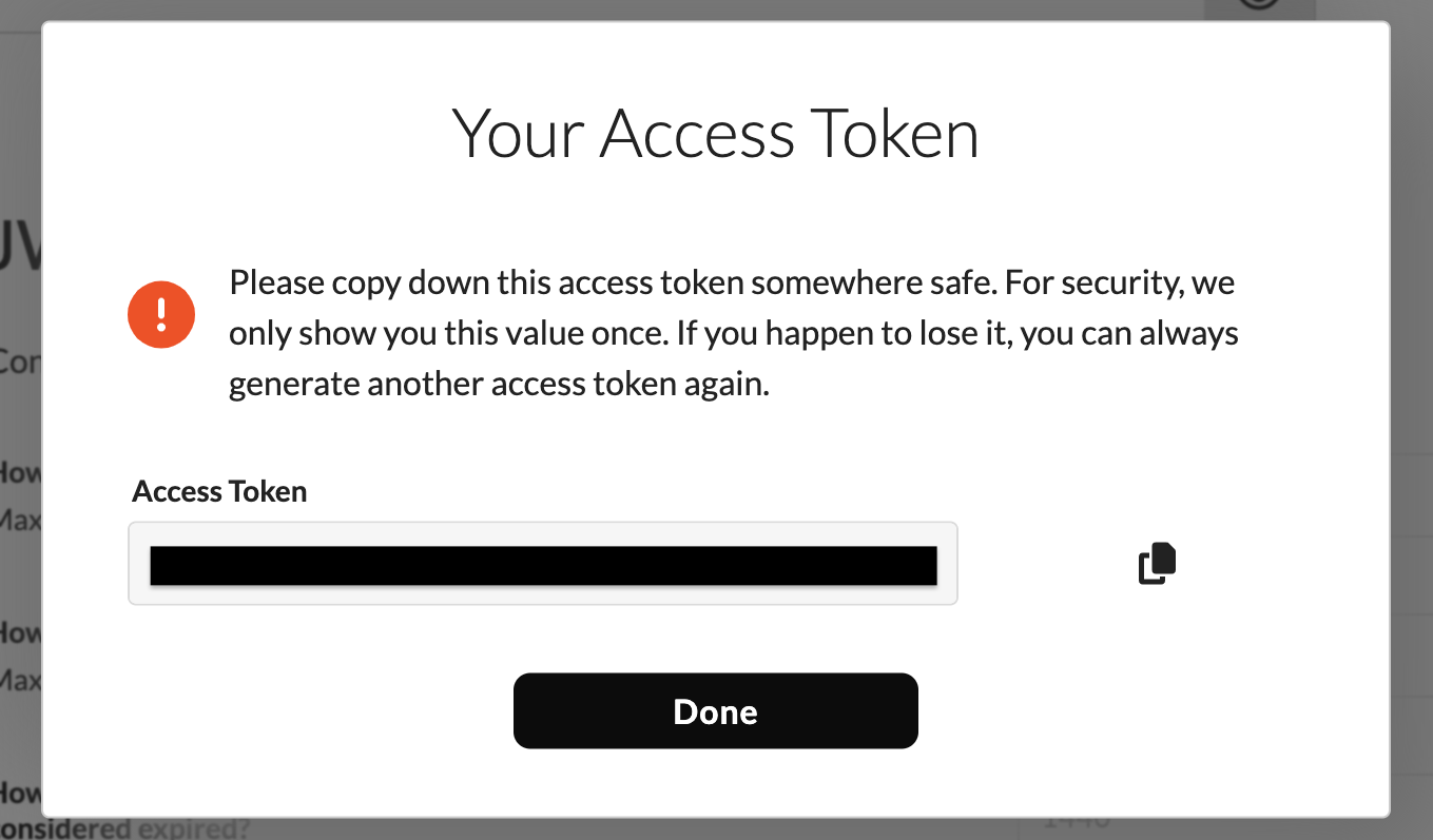 Your Access Token success dialog displaying the generated access token.