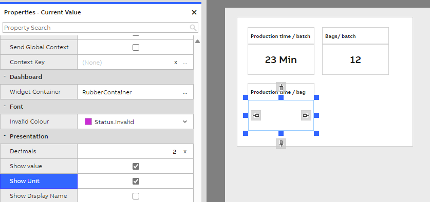 **NOTE:** In the properties window, you can predefine settings for presentation, such as showing the unit and setting decimals, so that the calculated value looks more polished. These settings can be adjusted later.