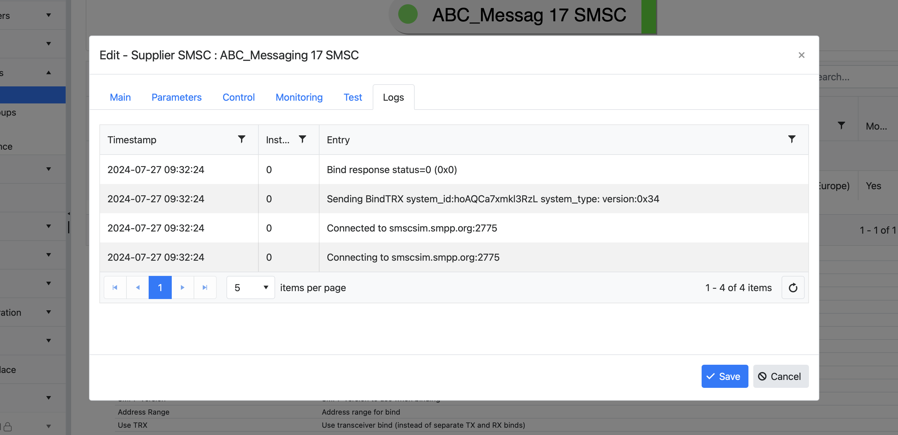 SMSC connection logs