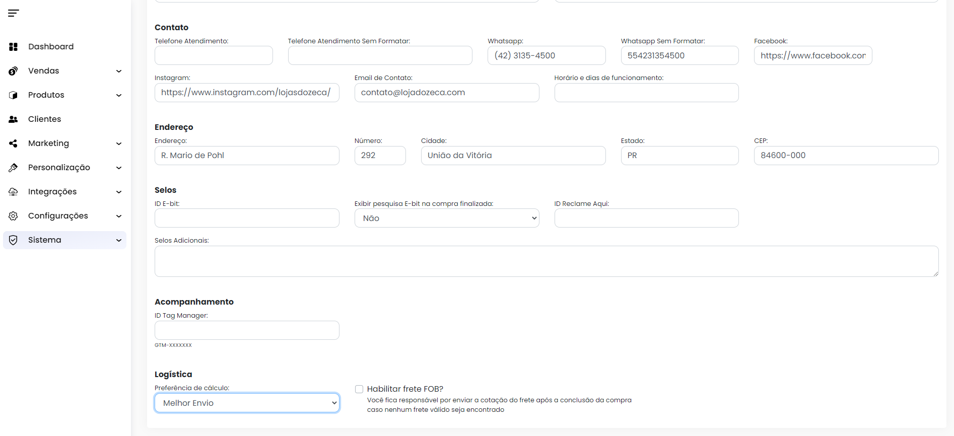 Configurações da conta na loja