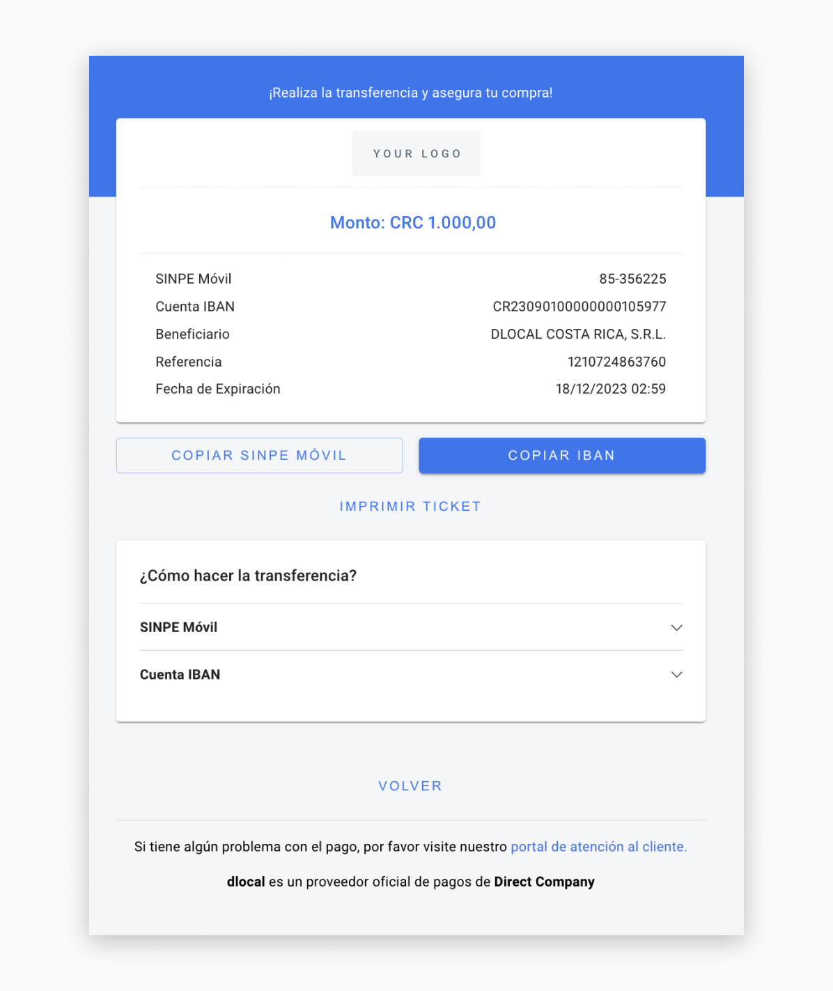 PayCash UI built with the information in the example above.