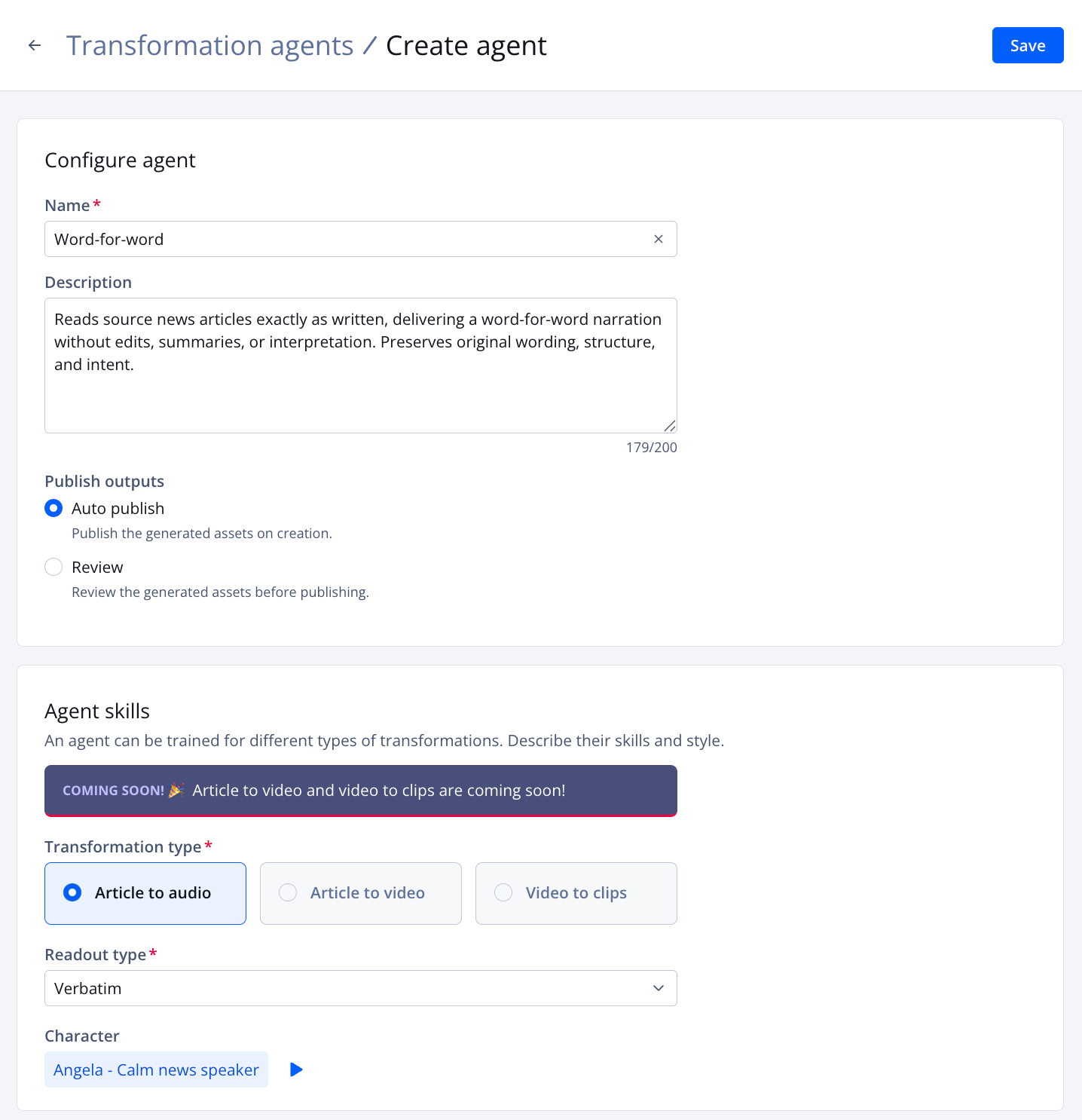 Create agent page