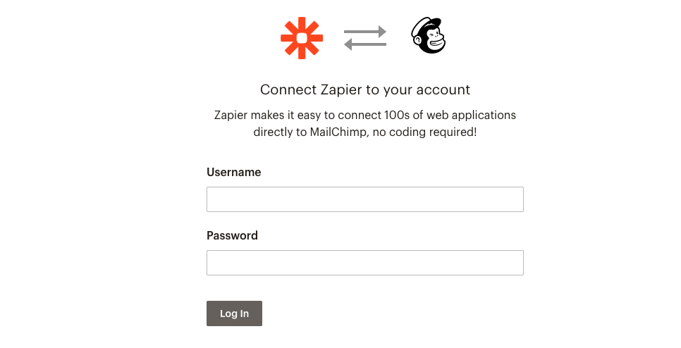 Mailchimp authorization pop-up window in Zapier