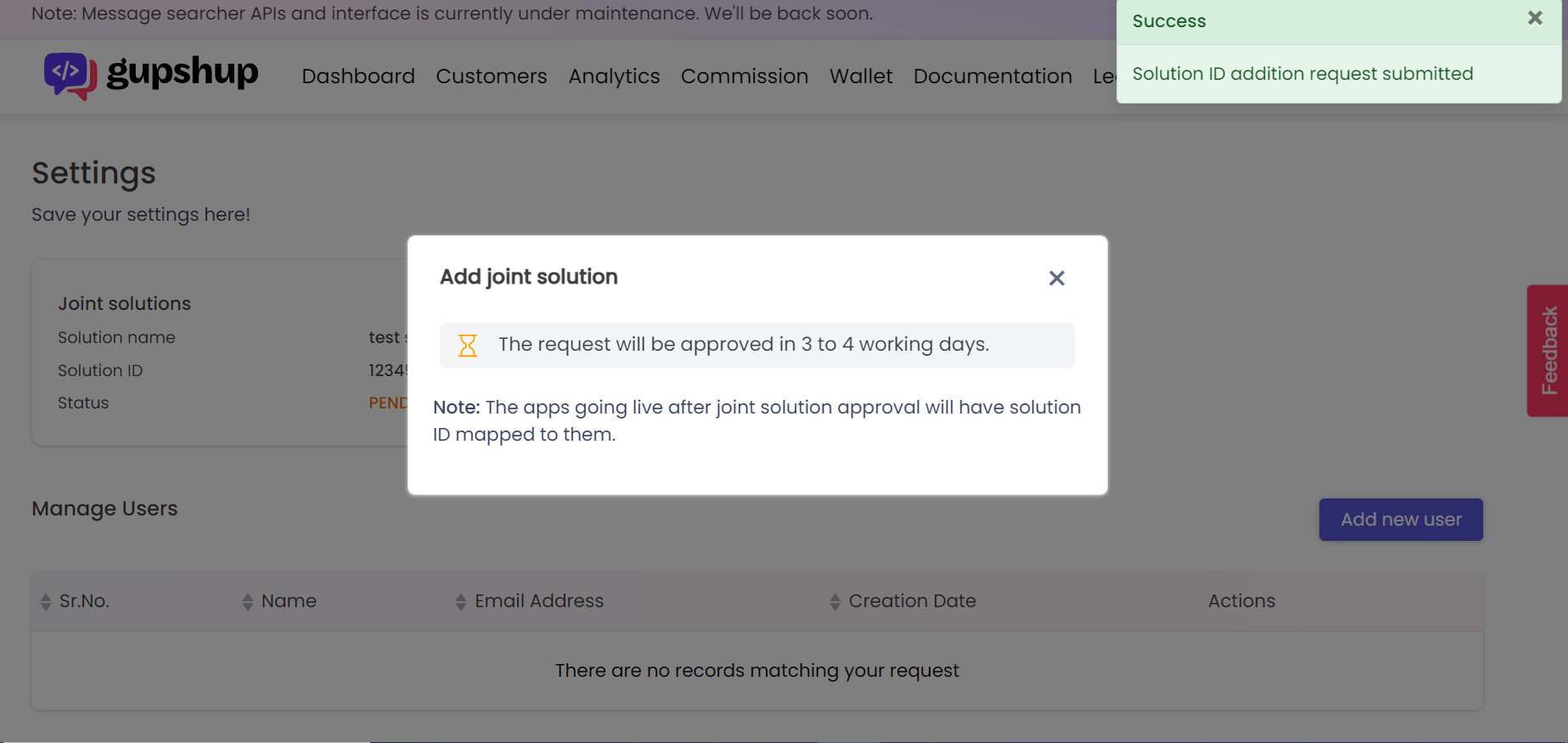 Once the partner clicks on submit for approval, the above message is shown to the partner