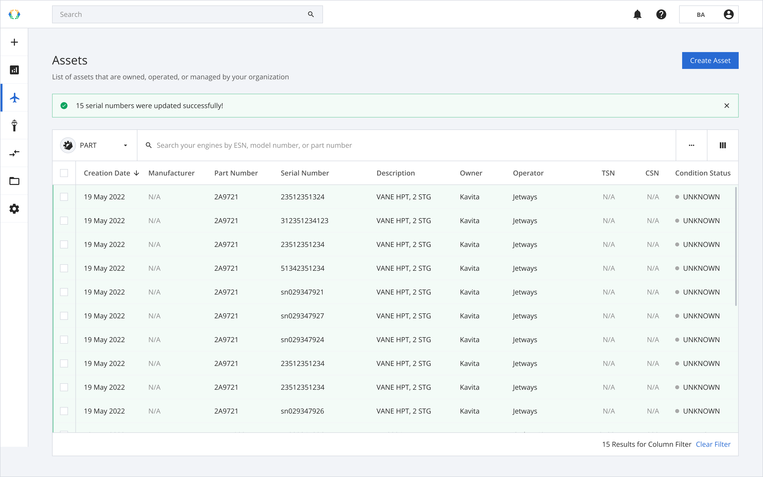 Assets' serial numbers were updated successfully