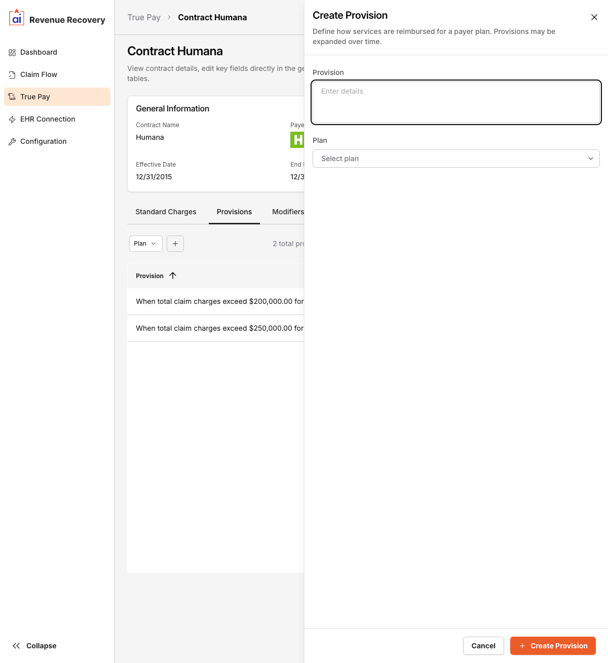 Create Provision form showing the Provision textarea and Plan dropdown