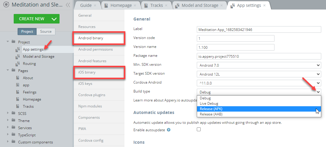 Selecting iOS binary build type