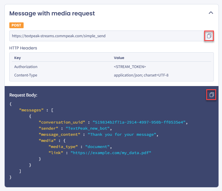 Screenshot with API requests with the copy buttons highlighted