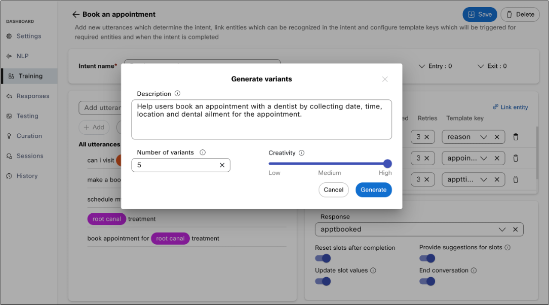 Generate variants dialog box