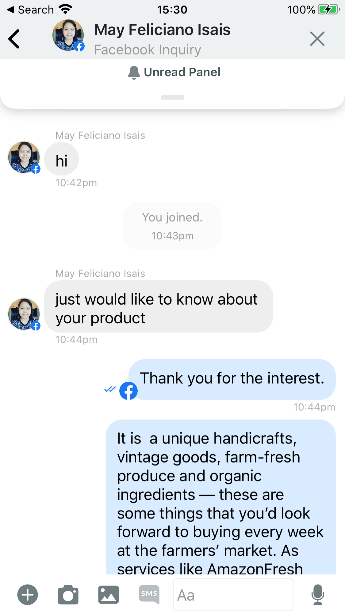 Facebook Page Visitor and Agent Chat Conversation