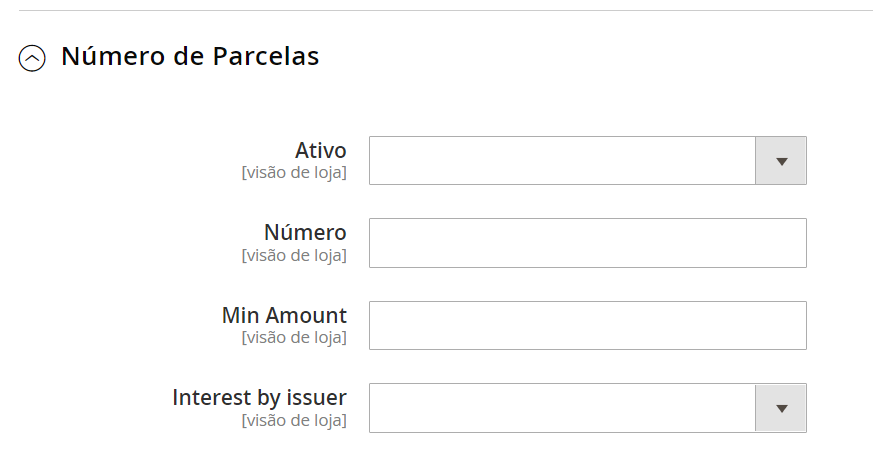 Tela de configuração das parcelas do cartão de crédito