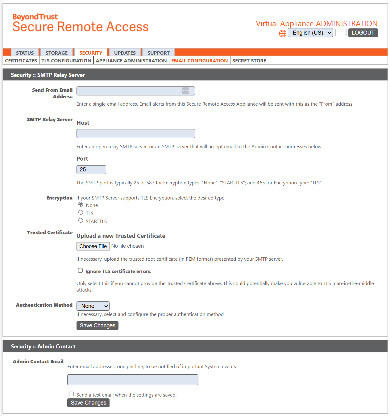 An image of BeyondTrust Secure Remote Access configuration page for setting up an SMTP Relay Server and Admin Contact email. The page includes fields for 'Send From Email Address,' 'SMTP Relay Server Host,' 'Port,' and 'Encryption' options (None, TLS, STARTTLS). It also provides options to upload a Trusted Certificate, select an Authentication Method, and enter Admin Contact email addresses. A checkbox allows sending a test email when settings are saved.