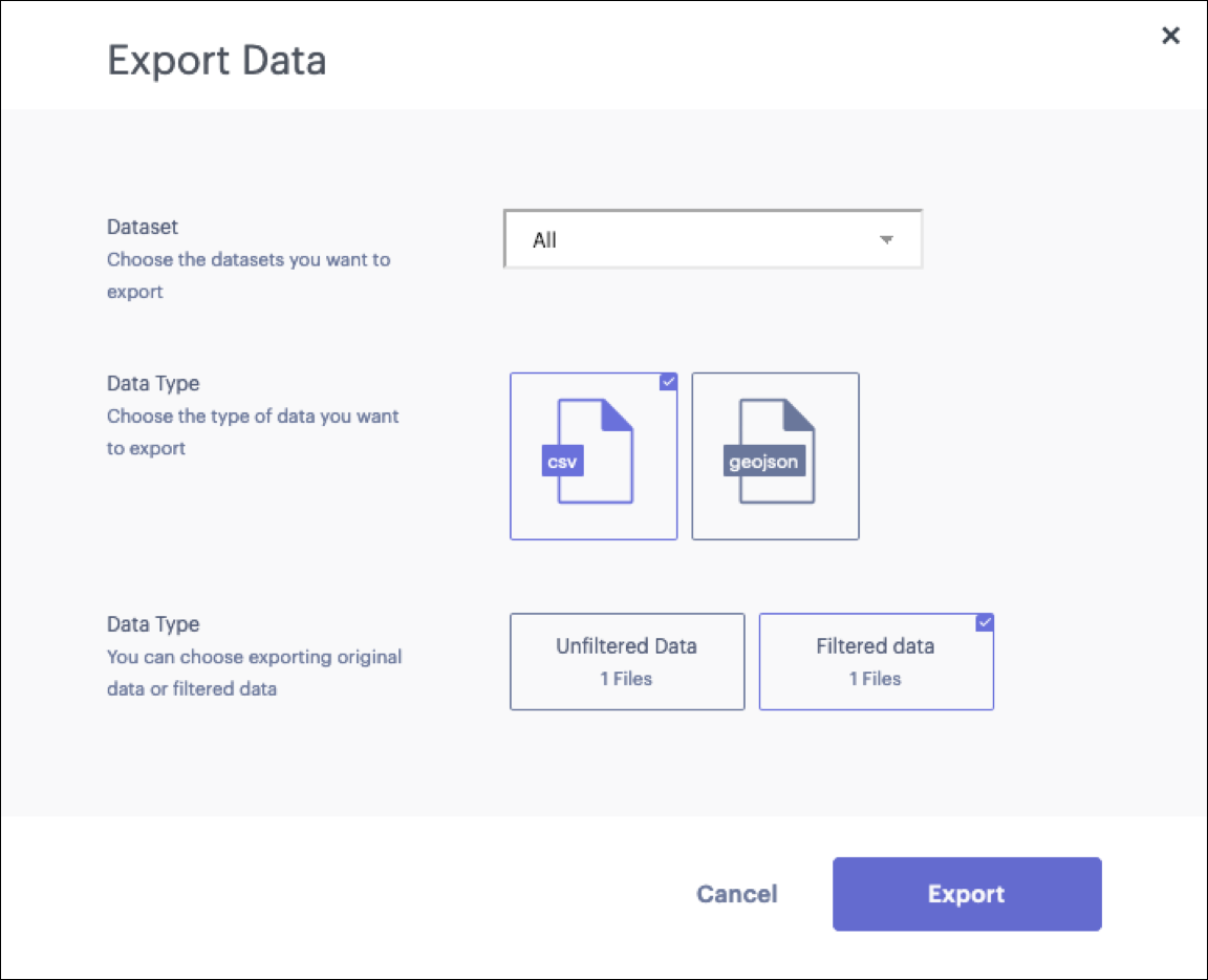 The Export Data window.