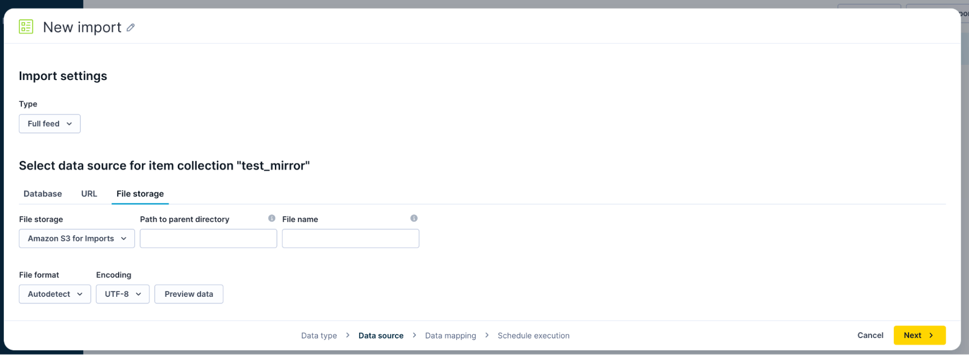 File storage import settings in Bloomreach Data hub with options for storage type, directory path, file name, file format, and encoding.