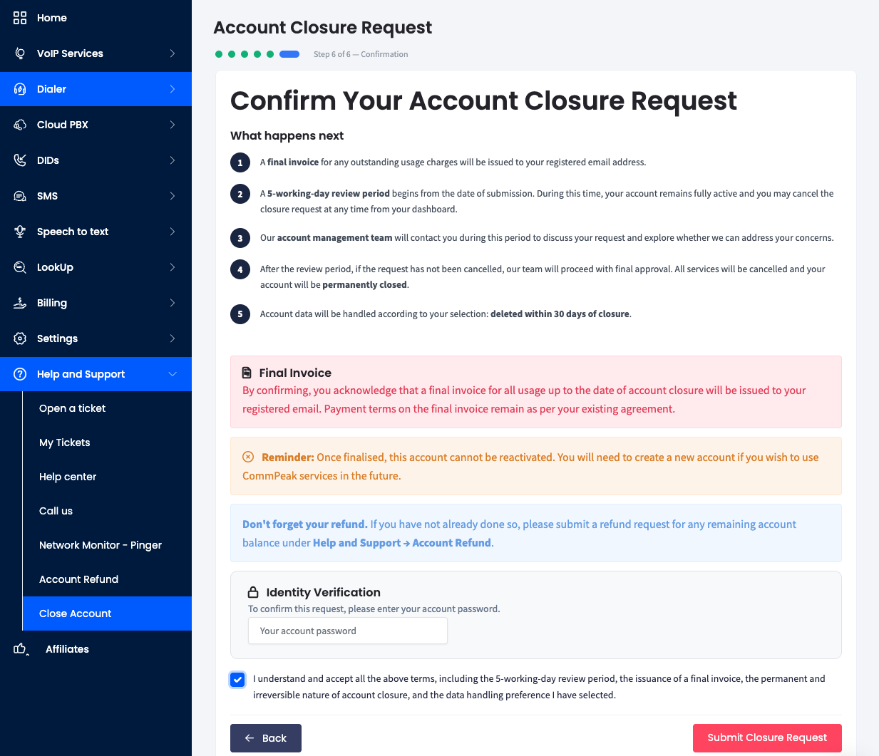 Screenshot of the Step 6: Confirm Your Account Closure Request 
