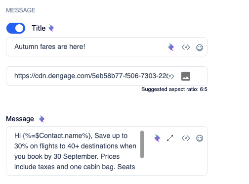 Message section with the Title toggle turned on, the title "Autumn fares are here, and the message text describing the 30 percent flight sale.