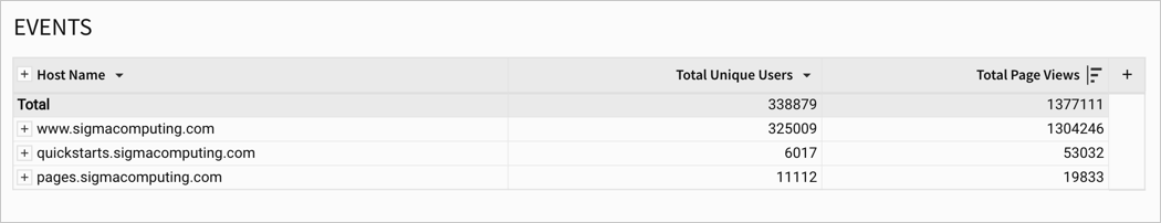 Grouped table showing a totals row for the Total Unique Users and Total Page Views columns calculated as part of a host name grouping.