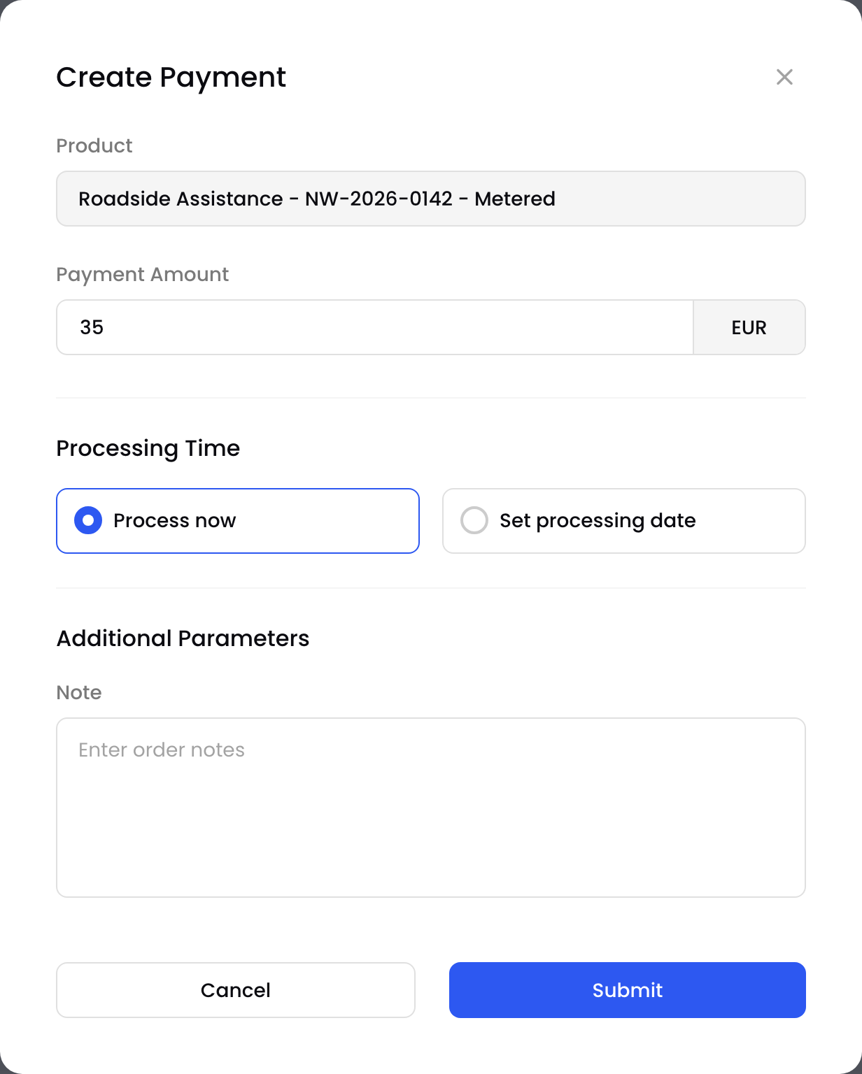 The Create Payment pop-up with Process now
