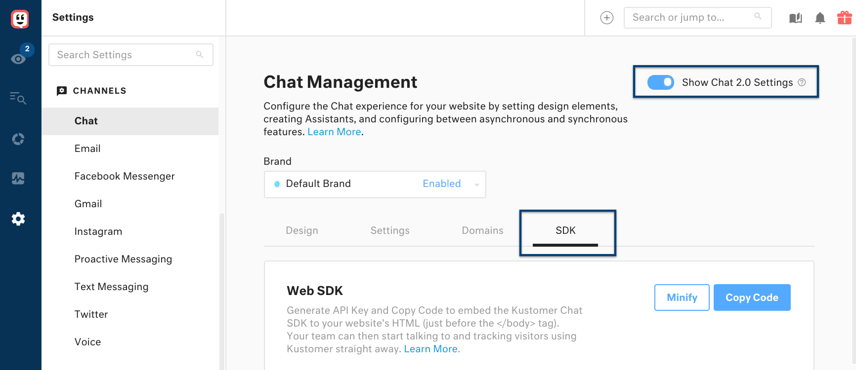 chat-management-sdk.png Chat Management: SDK settings in Kustomer.