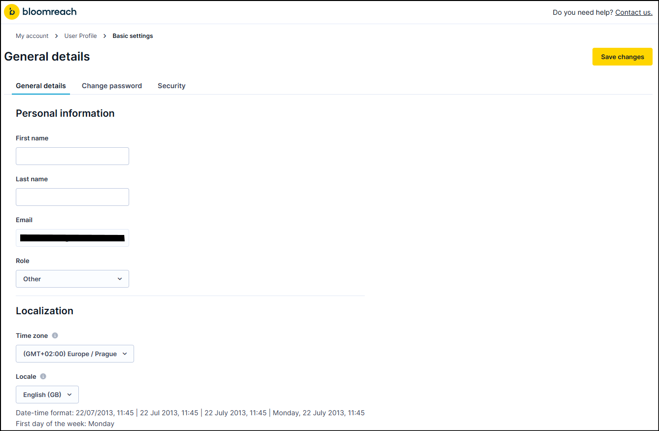 General details tab in Basic settings, showing fields for first name, last name, role, time zone, and locale.