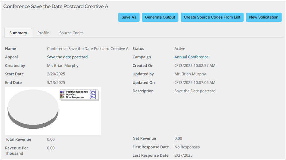 The Summary tab of the "Conference Save the Date Postcard Creative A" solicitation displays the details defined in step five.