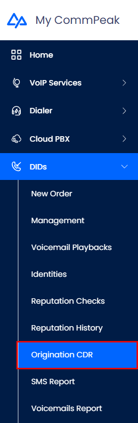 Screenshot of the DIDs in the main menu with Origination CDR highlighted