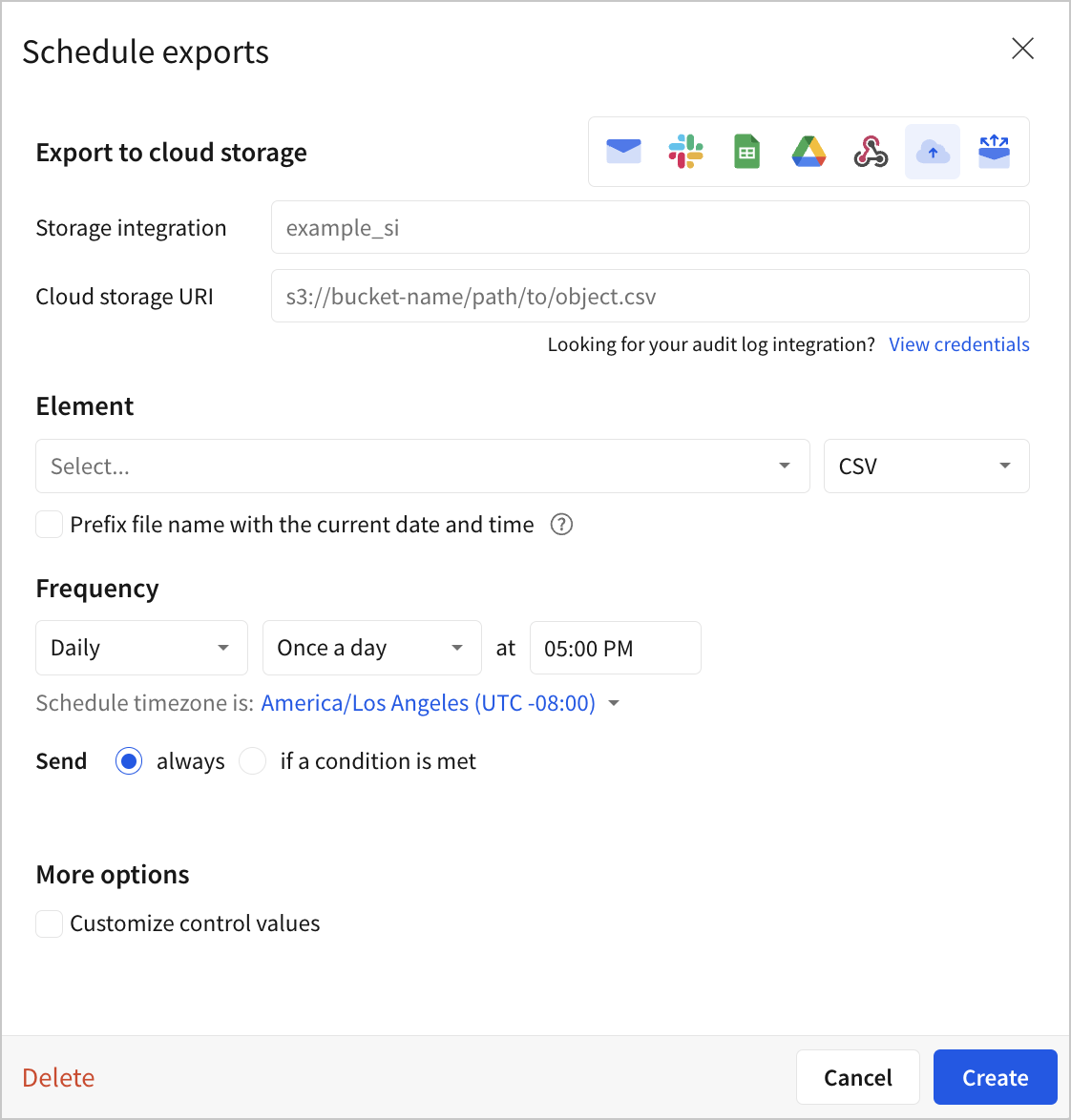 Schedule exports modal for export to cloud storage with options described in surrounding text.