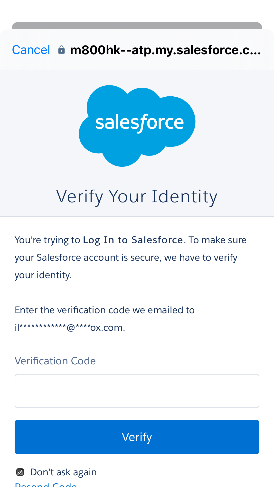 Salesforce Requires Verification Code