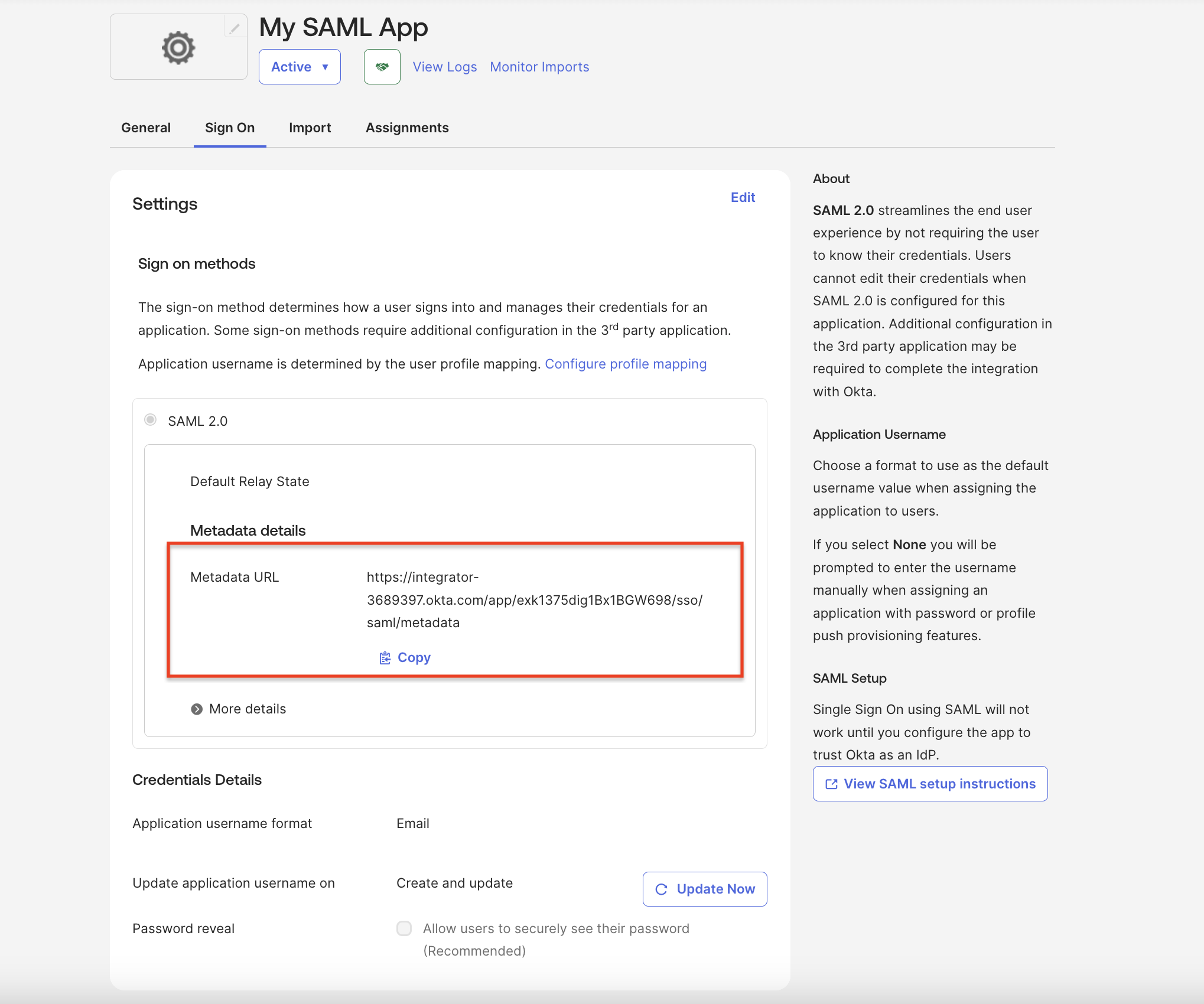 Okta: App "Sign On" tab showing Metadata URL