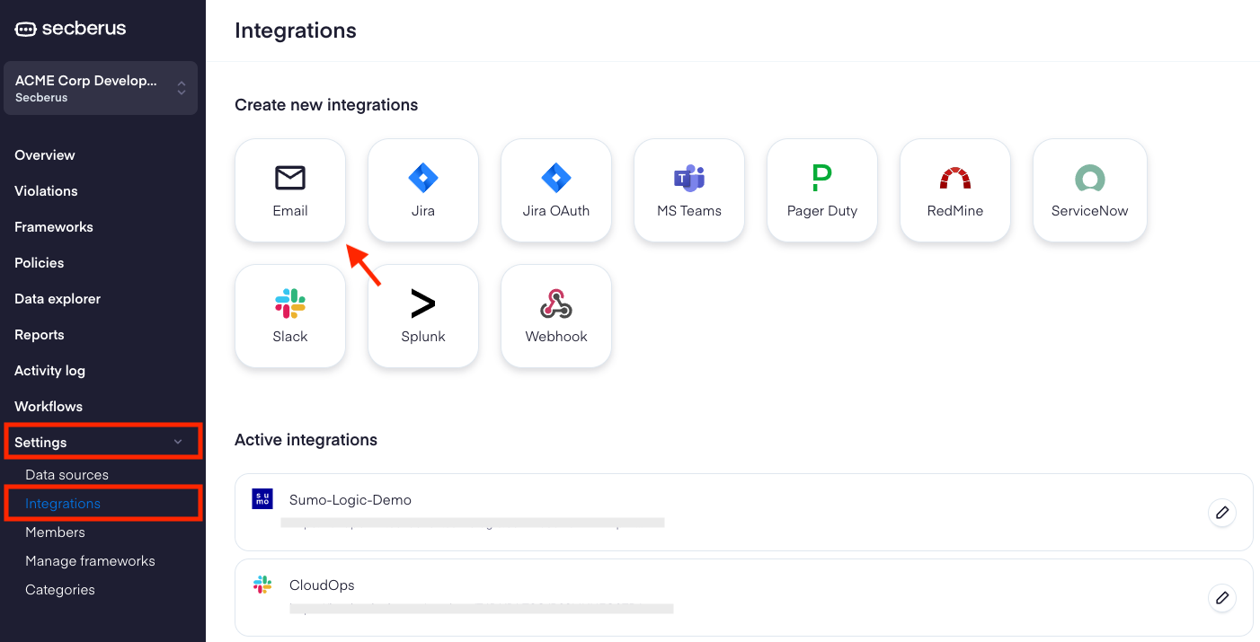 Navigate to **Settings** -> **Integrations** and select **Email**