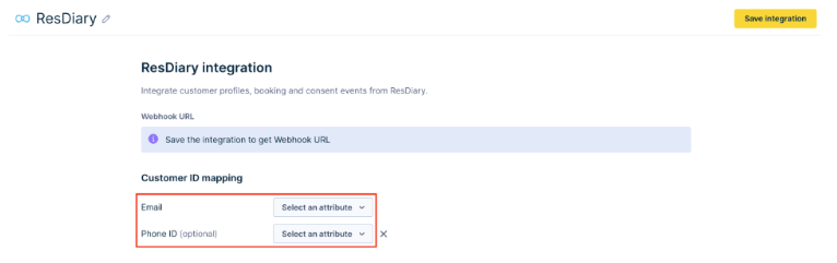 ResDiary integration setup screen showing customer ID mapping fields