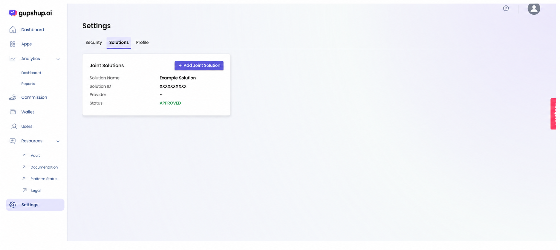 Solutions settings with solution name and ID redacted