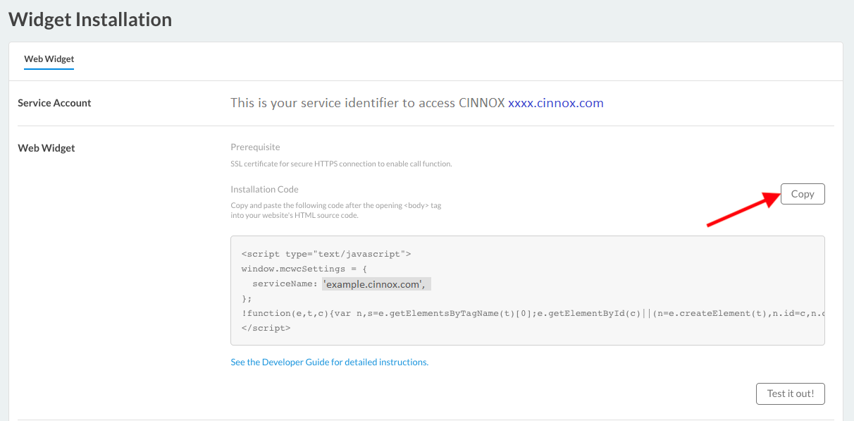 CINNOX Admin > Widget > Installation