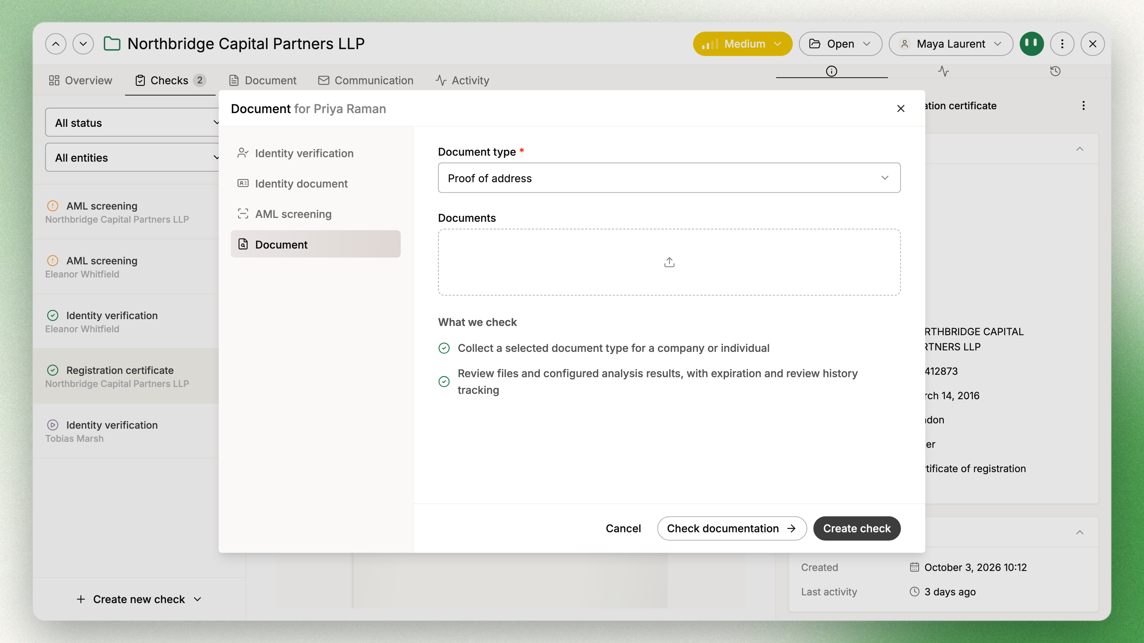 Creating a check: pick the entity, then the check type from the catalogue