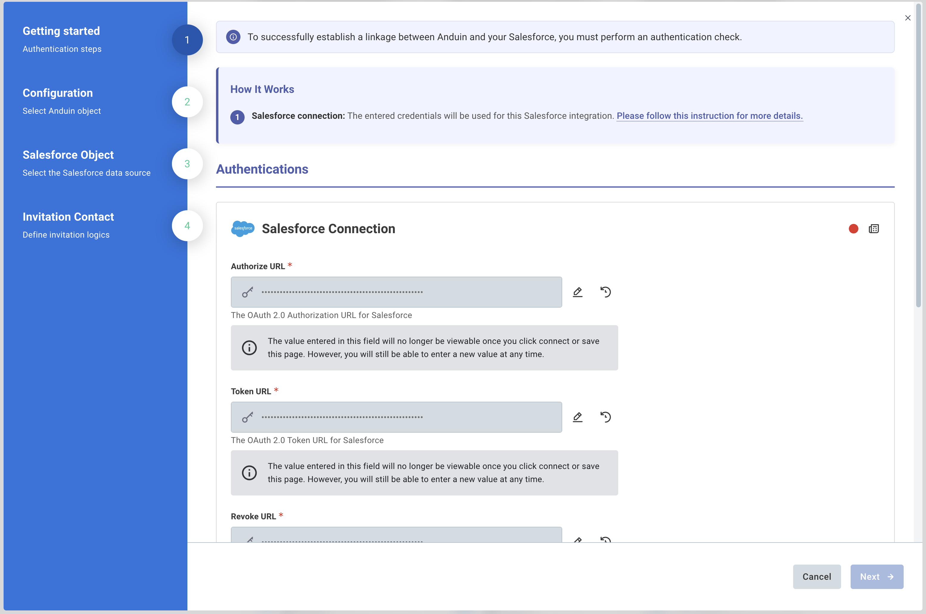 Getting started: Authentications screen
