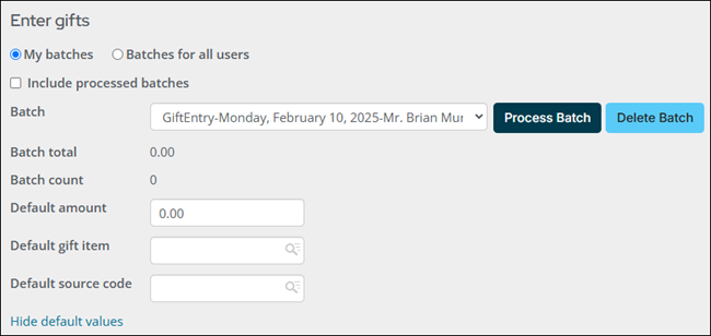 Clicking process batch in the enter gifts window