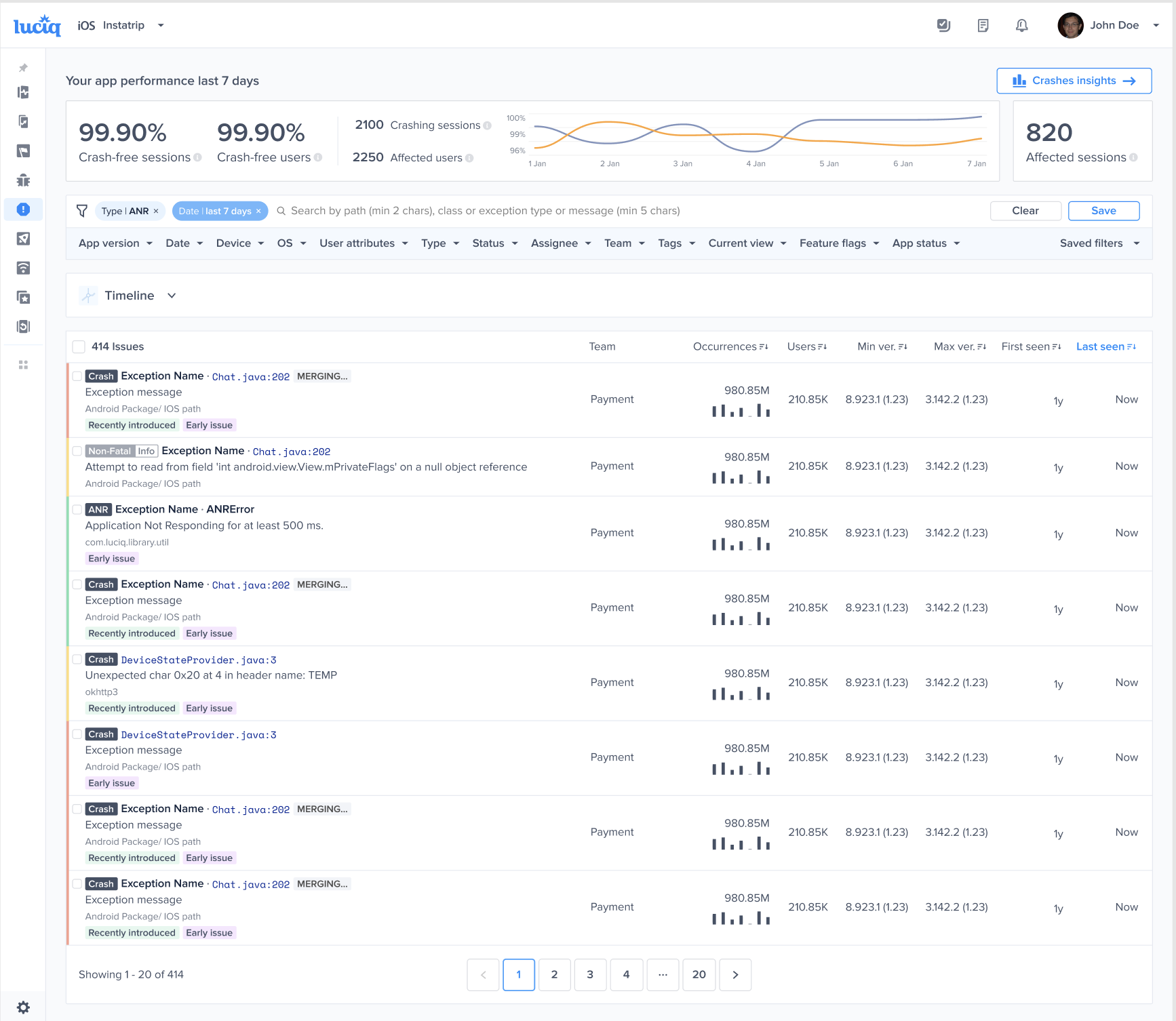 This is the crashes page of the Luciq dashboard