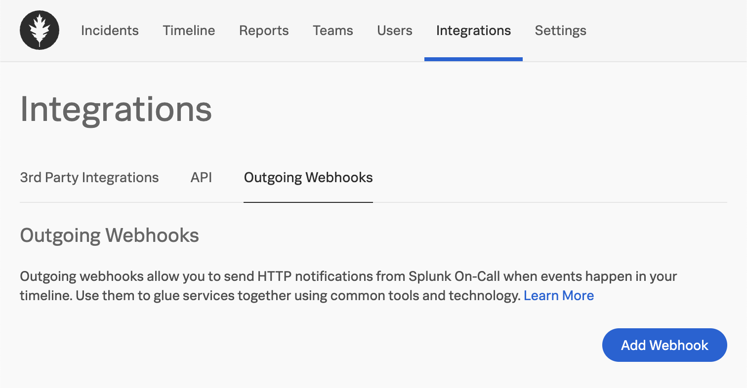 Outgoing webhooks tab in Splunk On-Call