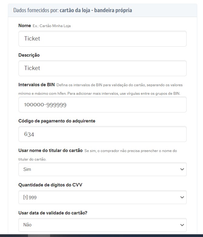 Tela de configuração para pagamento customizado. Ex: Ticket