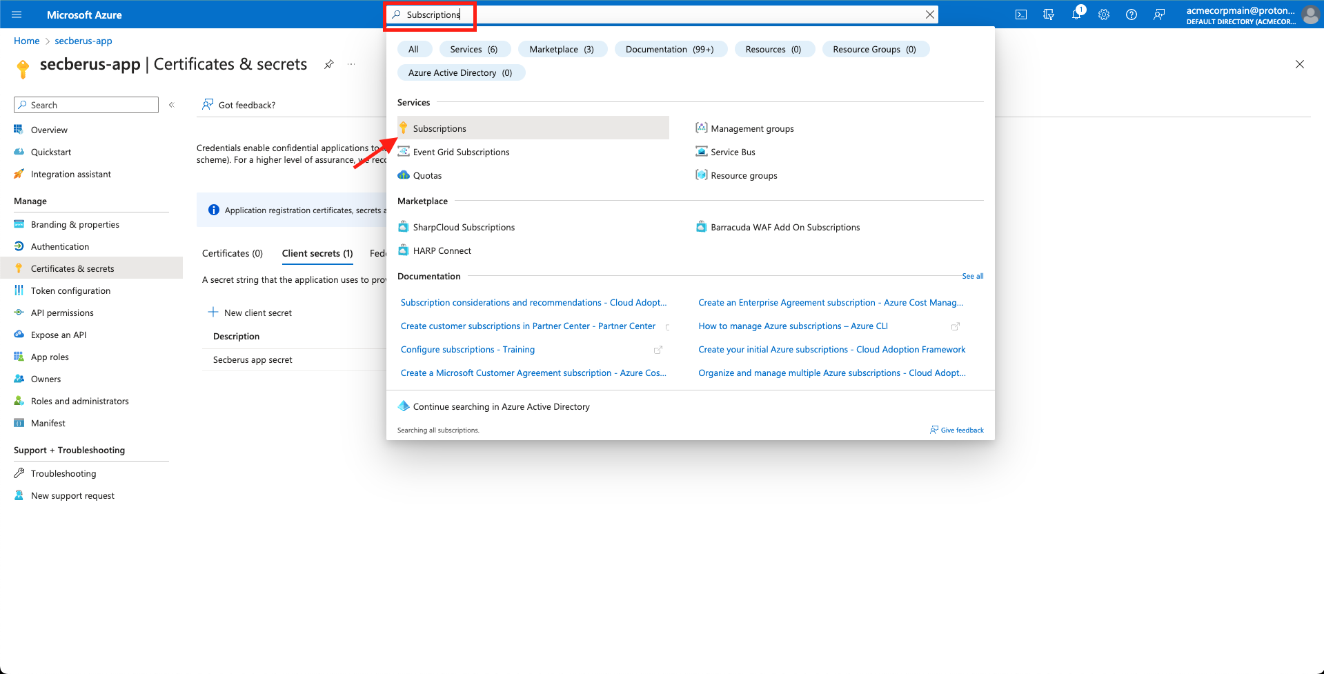 Navigate to 'Subscriptions' in Azure
