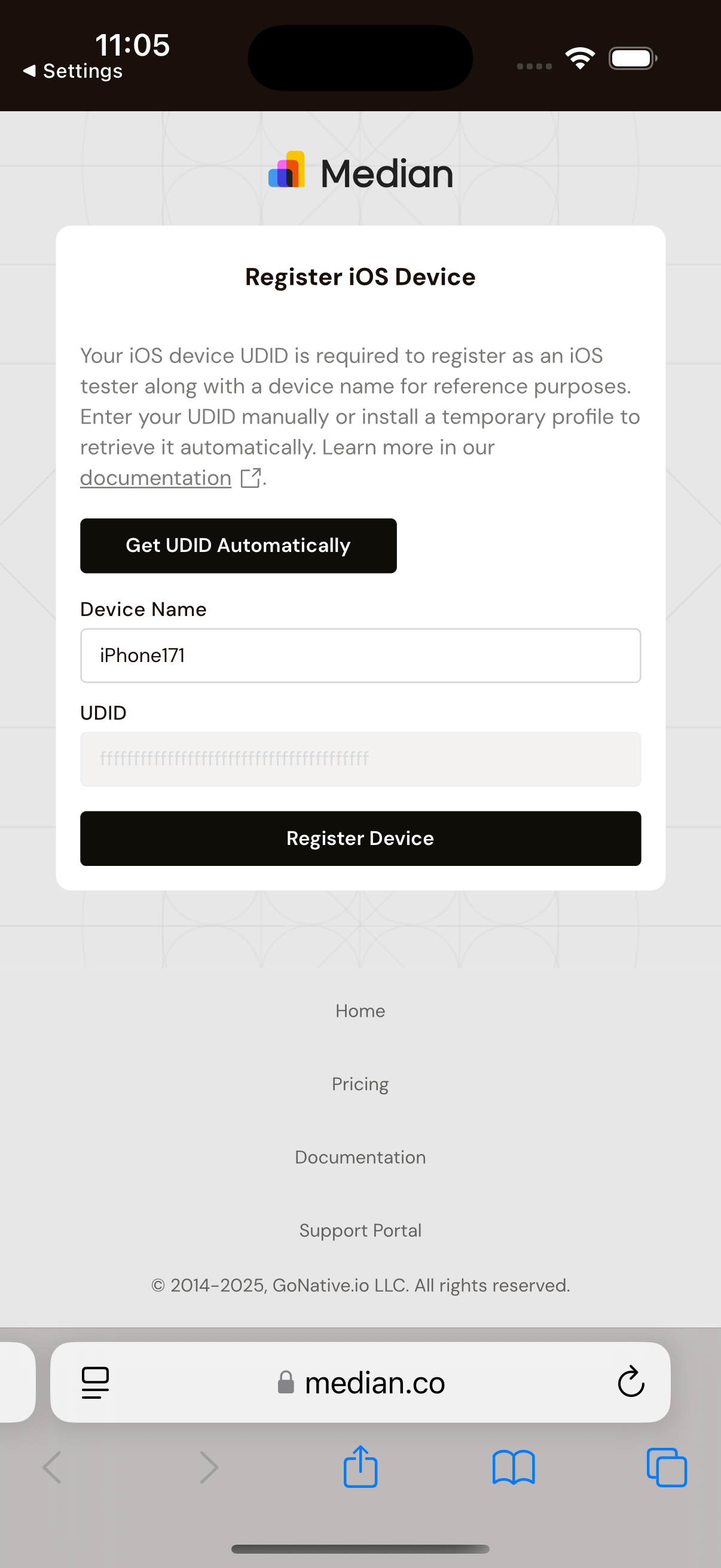 iOS Tester Enrollment Screen with UDID populated