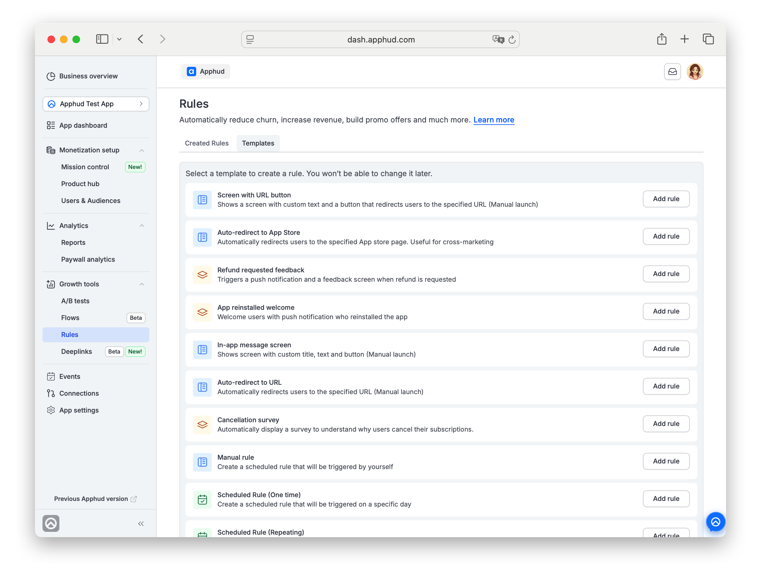 Apphud - Rules Template page