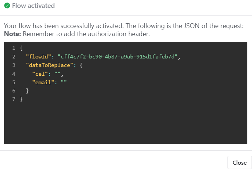 Screenshot showing JSON request after flow is activated.