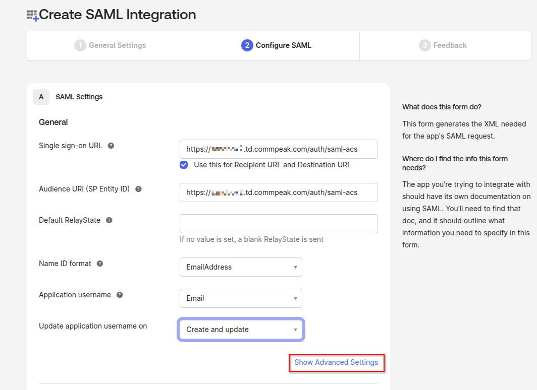 Screenshot of Create SAML Integration page - step 2