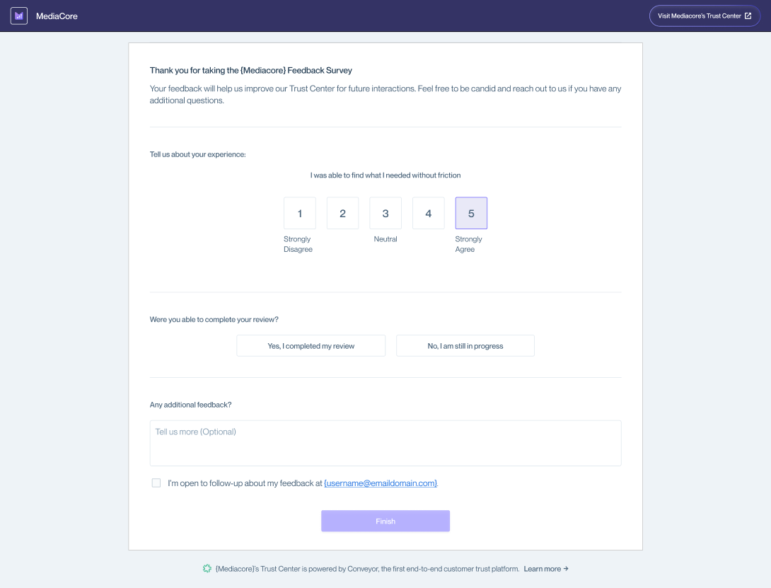 Full-page survey showing rating selection, a question asking if the visitor completed their review, optional text field, optional follow-up email field, and a "Finish" button.